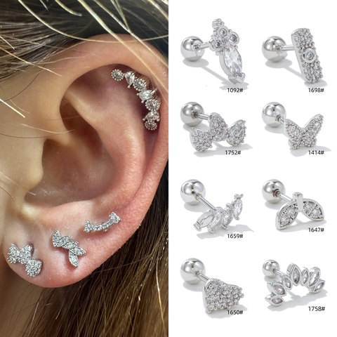 Fashion Copper Zirconia Butterfly Heart Barbell Cartilage Earring Stud Screw Back Gold Silver Rose Gold Women Jewelry