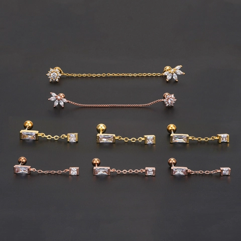 Double Piercing Ear Bone Studs With Chain Link Copper Cubic Zirconia Geometric Flower Butterfly Tassel Earrings For Women
