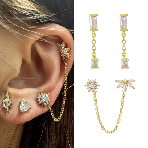 Double Piercing Ear Bone Studs With Chain Link Copper Cubic Zirconia Geometric Flower Butterfly Tassel Earrings For Women
