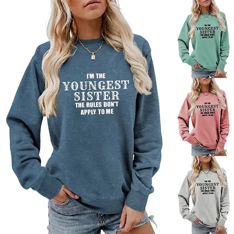 Damen Casual Baumwollmischung Rundhals Langarm Sweatshirt Mit I'M THE YOUNGEST SISTER Humor Slogan Print Pullover Top