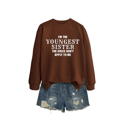 Damen Casual Baumwollmischung Rundhals Langarm Sweatshirt Mit I'M THE YOUNGEST SISTER Humor Slogan Print Pullover Top
