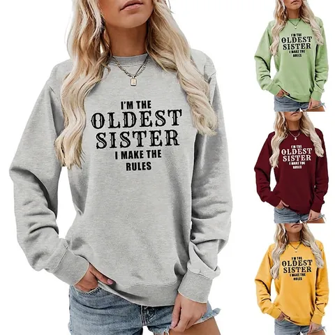 Women Round Neck Sweatshirt Long Sleeve Pullover Letter Print Slogan I'm The Oldest Sister I Make The Rules Casual Cotton Blend Top