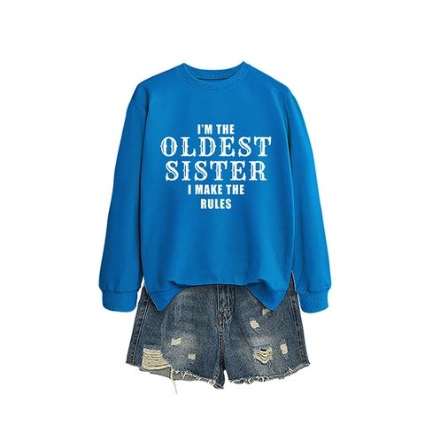 Women Round Neck Sweatshirt Long Sleeve Pullover Letter Print Slogan I'm The Oldest Sister I Make The Rules Casual Cotton Blend Top