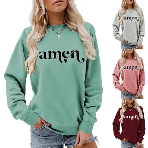 Damen Sweatshirt Baumwolle Polyester Mischung Rundhalsausschnitt Langarm Buchstaben Amen Pullover Casual Streetwear Oberteil