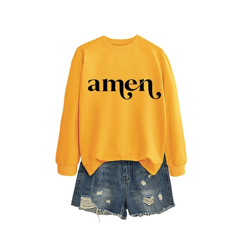 Damen Sweatshirt Baumwolle Polyester Mischung Rundhalsausschnitt Langarm Buchstaben Amen Pullover Casual Streetwear Oberteil