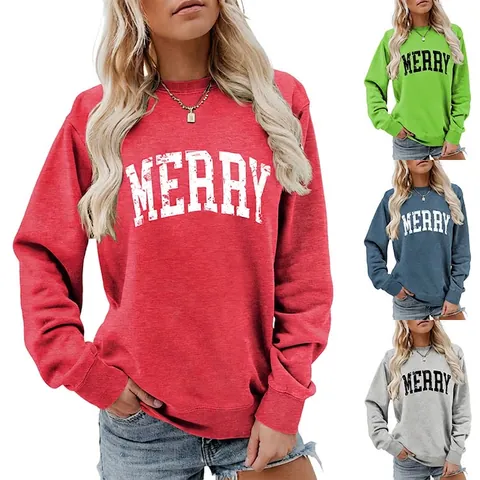Women Sweatshirt Cotton Blend Crew Neck Long Sleeve Letter Print Distressed Casual Retro Christmas Holiday