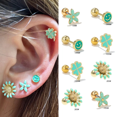 Vergoldete Kupfer Emaille Blume Lachendes Gesicht Vierblättriges Kleeblatt Ohrstecker Mit Edelstahl Stift Für Damen Mädchen Schmuck