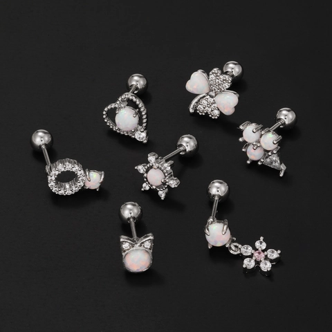 Titanium Steel Opal Zirconia Screw Back Stud Earrings For Women Gold Silver Plated Heart Flower Cat Ear Piercing Jewelry