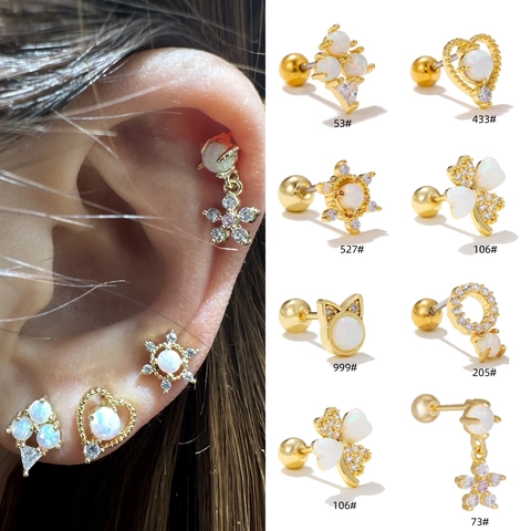 Titanium Steel Opal Zirconia Screw Back Stud Earrings For Women Gold Silver Plated Heart Flower Cat Ear Piercing Jewelry