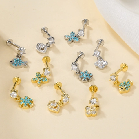 Copper Cubic Zirconia Lip Studs Flat Back Internal Thread Butterfly Fish Starfish Snowflake Evil Eye Piercing Jewelry