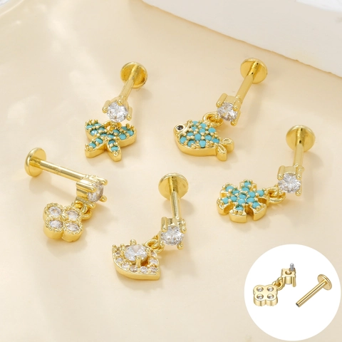 Copper Cubic Zirconia Lip Studs Flat Back Internal Thread Butterfly Fish Starfish Snowflake Evil Eye Piercing Jewelry