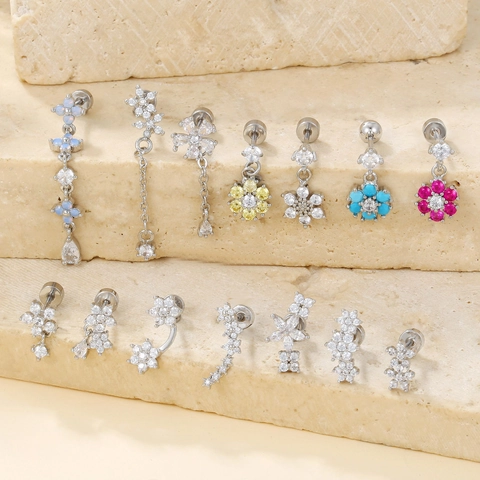 Orecchini a Bottone in Acciaio Inossidabile con Zirconia Colorata a Forma di Fiore per Donna Gioielli per Piercing