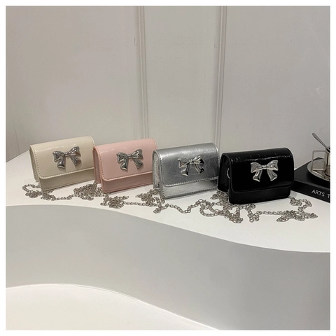Mini Crossbody Bag PU Leather Metallic Bow Decoration Chain Strap Fashion Small Square Shoulder Bag For Women