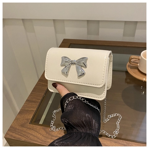 Mini Crossbody Bag PU Leather Metallic Bow Decoration Chain Strap Fashion Small Square Shoulder Bag For Women