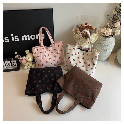 Damen Erdbeerdruck Cord Tote Tasche Süße Retro Cord Schultertasche Große Kapazität Täglich Lässige Handtasche Einkaufstasche