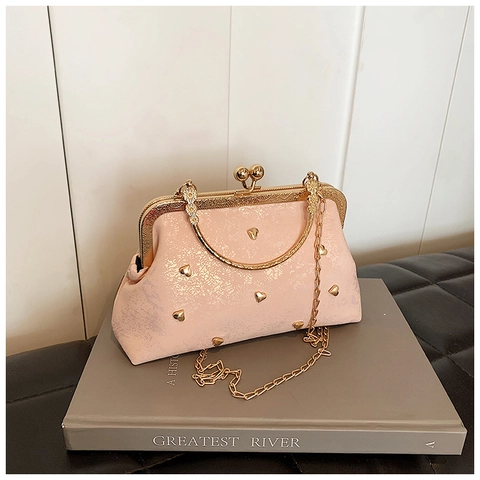 Sac à Main Coquille Vintage avec Rivets Cœur Fermoir Clip Poignée en Métal Chaîne Sac de Soirée Élégant pour Femme Bandoulière