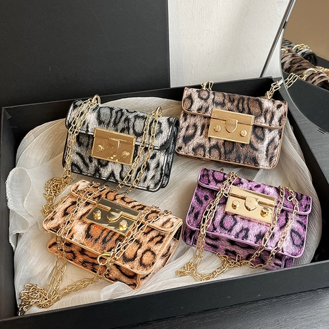 Bolso de Hombro con Cadena de Leopardo Mini Piel Sintética Cuero PU Pequeño Bolso Bandolera Cuadrado con Cierre de Metal Dorado Mujer