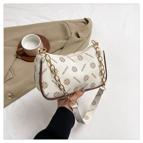 Damen Vintage Monogramm Druck Unterarmtasche Kleine PU Leder Umhängetasche Mit Goldkette Riemen Retro Karo Blumenmuster Handtasche