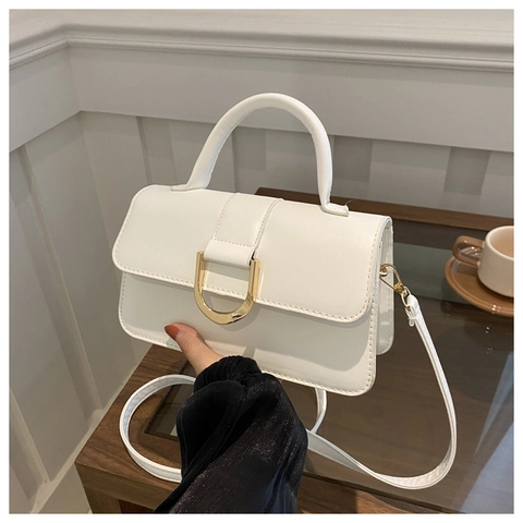 Women PU Leather Small Square Handbag Versatile Crossbody Shoulder Bag With Gold D Metal Buckle Elegant Flap Closure