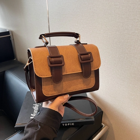 Vintage Farbblock Kleine Quadratische Schultertasche Für Damen Mattes PU Leder Cambridge Stil Crossbody Handtasche Student Tasche