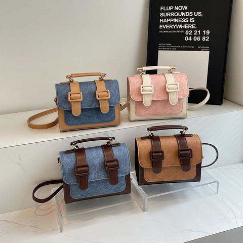 Vintage Farbblock Kleine Quadratische Schultertasche Für Damen Mattes PU Leder Cambridge Stil Crossbody Handtasche Student Tasche