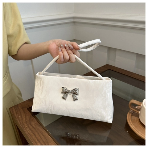 Women Ruched Underarm Bag Minimalist PU Leather Shoulder Bag With Silver Butterfly Bow Decoration Small Square Purse