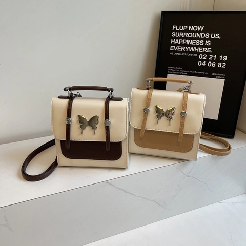 Bolso Cuadrado Pequeño de Cuero de PU Retro para Mujer Con Hebilla de Metal de Mariposa Color de Contraste Mochila de Hombro Multiuso