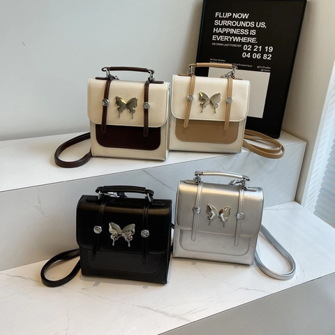 Bolso Cuadrado Pequeño de Cuero de PU Retro para Mujer Con Hebilla de Metal de Mariposa Color de Contraste Mochila de Hombro Multiuso
