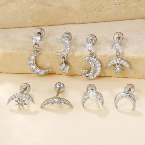 Crescent Moon Star Cartilage Stud Earrings With Copper Cubic Zirconia Artificial Pearl Inlaid Stainless Steel Earring Post Piercing