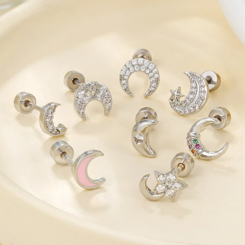Crescent Moon Star Cartilage Stud Earrings With Copper Cubic Zirconia Artificial Pearl Inlaid Stainless Steel Earring Post Piercing