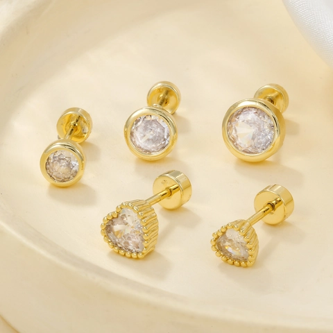 Copper Cubic Zirconia Heart Round Stud Earrings Screw Back Cartilage Piercing Minimalist Jewelry For Women Versatile