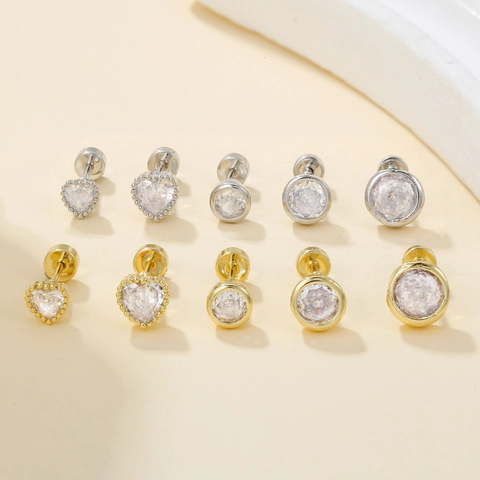 Copper Cubic Zirconia Heart Round Stud Earrings Screw Back Cartilage Piercing Minimalist Jewelry For Women Versatile