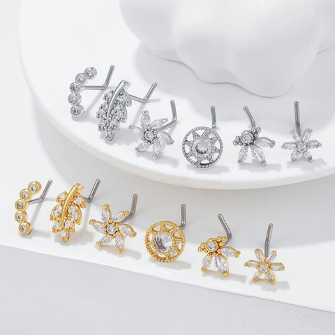 Stainless Steel L-Bar Nose Studs For Women Copper Zircon Flower Star Leaf Body Piercing Jewelry Gold Silver Plated Nose Stud