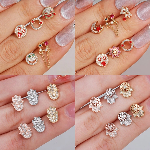 Pendientes de Botón Hip Hop de Cobre y Zirconia Con Poste de Acero Inoxidable Emoji Corazón Oso Luna Estrella Joyería