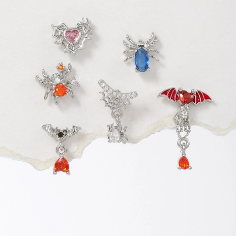 Halloween Bat Spider Heart Zirconia Inlay Copper Stud Earrings With Stainless Steel Earring Post Gothic Punk Jewelry