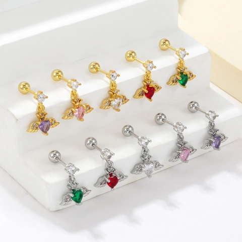 Heart Wing Crown Stud Earrings Copper Zircon With Stainless Steel Earring Post Screw Ball Back Piercing Jewelry For Women