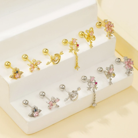 Elegante Kupfer Zirkon Ohrknochen Stecker Mit Schraubverschluss Schleife Schmetterling Blume Mond Stern Für Frauen