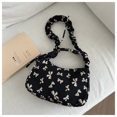 Borsa A Spalla Con Stampa Fiocco Vintage Donna Tessuto Tracolla Arricciata Borsa Hobo Sottobraccio Accessorio Moda