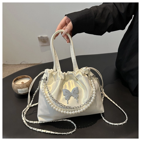 Sac Seau à Cordon Papillon Pour Femmes Cuir PU Souple Chaîne de Perles Sac à Épaule Sac à Main Bandoulière Polyvalent Pour Mode Quotidienne