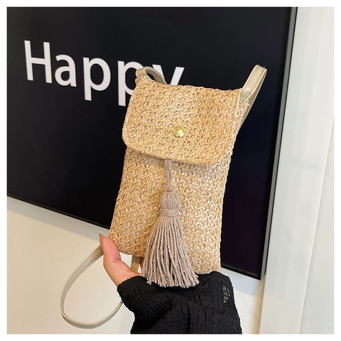 Woven Straw Crossbody Phone Bag With Tassel Charm And Gold Buckle Retro Boho Style Small Shoulder Purse For Women