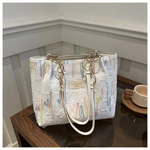 Bolso Tote Plisado de Moda para Mujer Con Bordado de Ondas de Colores Bolso de Hombro de Gran Capacidad Con Cadena Dorada