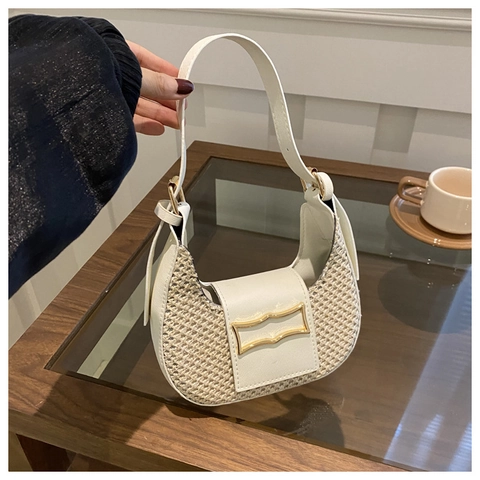 French Style Woven Straw Crescent Hobo Bag Patchwork Leather Shoulder Bag Retro Small Underarm Bag For Women