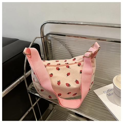 Sac À Bandoulière En Velours Côtelé Imprimé Fraise Léopard Large Bandoulière Réglable Style Vintage Décontracté Hobo Pour Femme