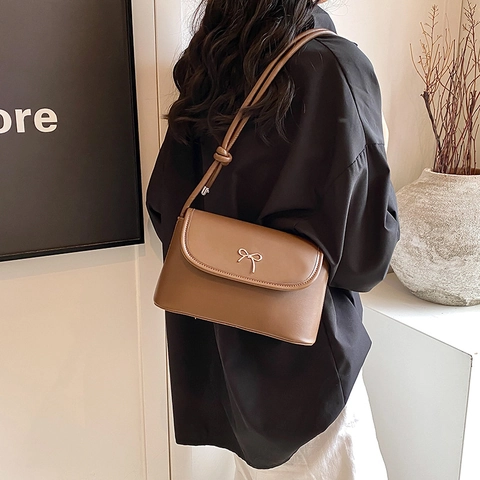 Women PU Leather Small Square Shoulder Bag With Bowknot Metal Buckle Elegant Commuter Crossbody Bag Chic Handbag
