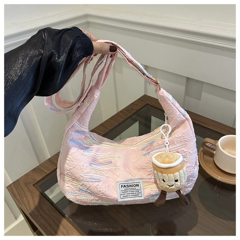 Fashion Embroidered Canvas Shoulder Bag For Women Quilted Half Moon Bag With Plush Charm Large Capacity Casual Crossbody Bag