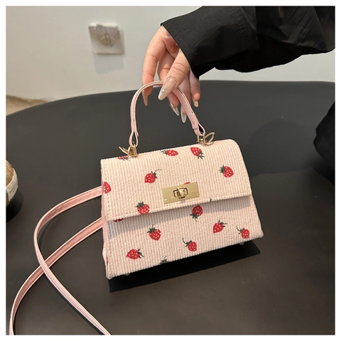 Women Small Square Bag Corduroy Strawberry Leopard Print Handbag Shoulder Crossbody Bag Metal Lock Sweet Style