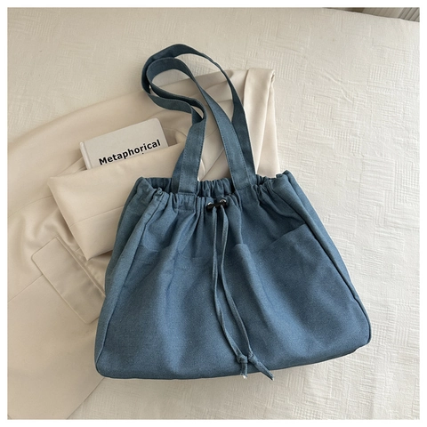 Women Denim Tote Bag Large Capacity Multi Pockets Drawstring Closure Casual Vintage Shoulder Bag