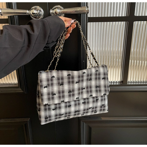 Retro Woolen Shoulder Bag Plaid Polka Dot Bow Decor Metal Chain Strap Flap Square Tote Crossbody Bag For Women