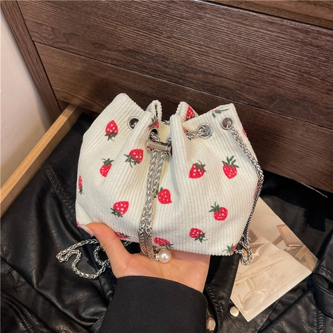Corduroy Strawberry Pattern Bucket Bag For Women Sweet Shoulder Crossbody Bag With Chain Strap Pearl Decor Mini Handbag