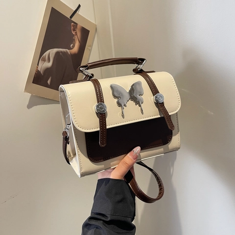 Bolso De Hombro De Cuero PU Con Hebilla De Mariposa Retro Color En Contraste Pequeño Bolso Cuadrado Mujeres Vintage